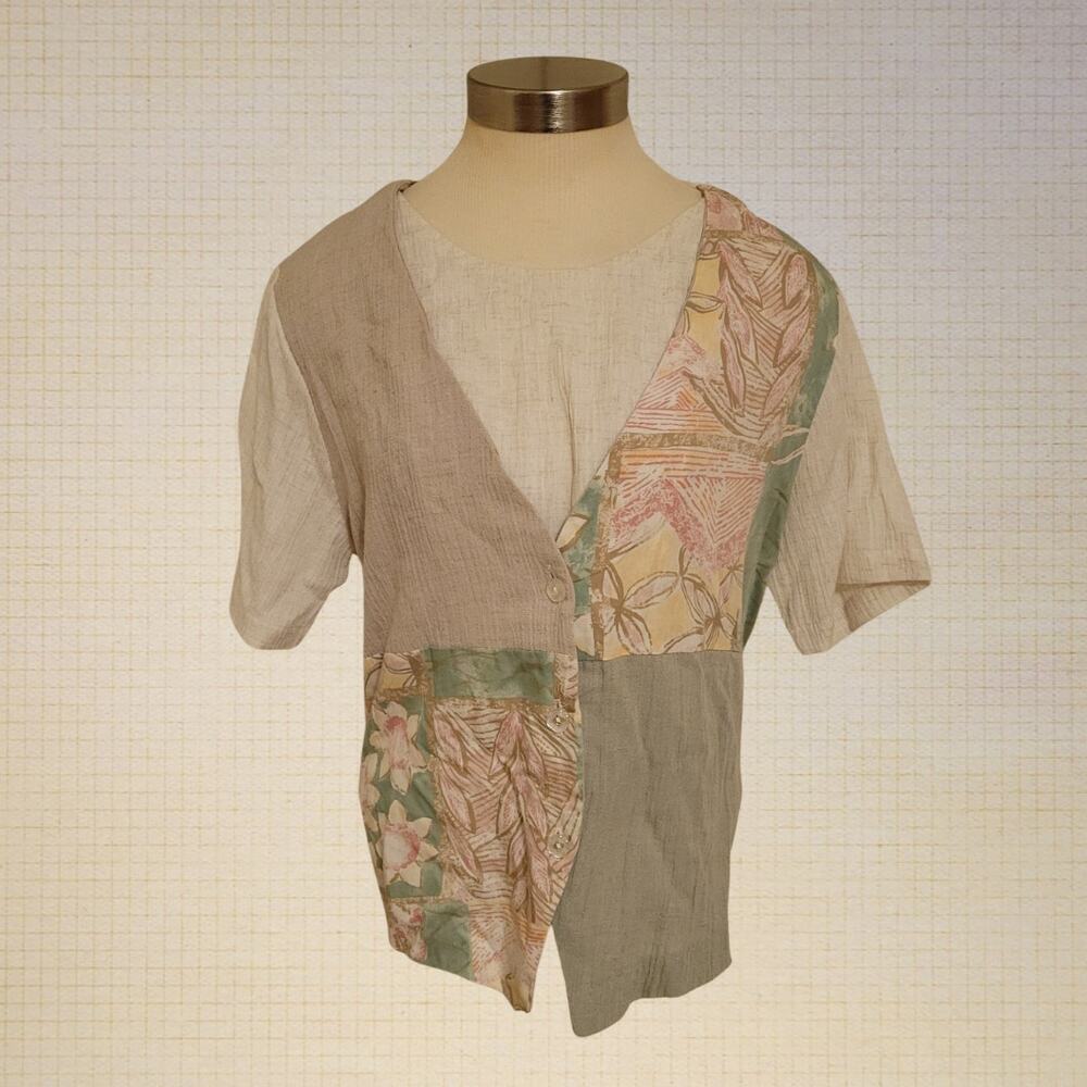 90s Patchwork Layered Blouse Women Medium Tie Back Detachable Tank Top V Neck